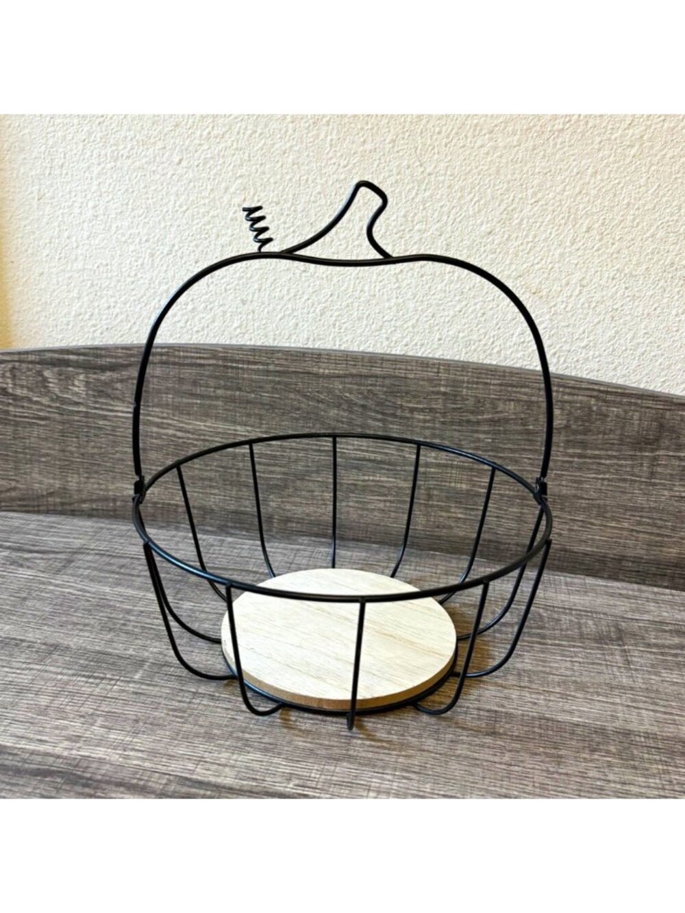 Black Metal Wire Round Basket w/ Natural Wood Base & Handle, Modern Medium